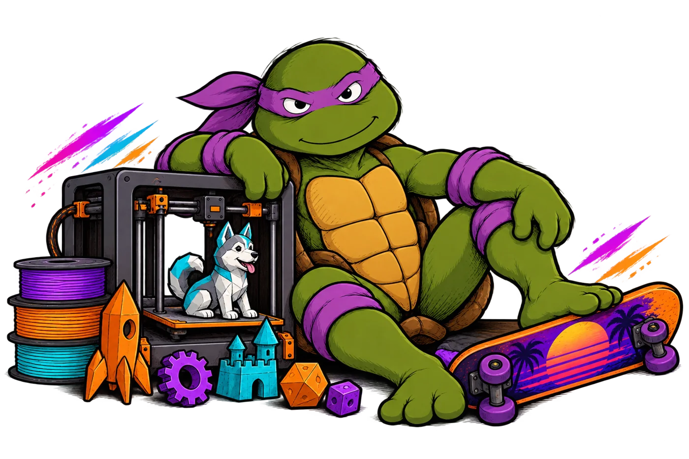 Original comic book turtle mascot sitting by a 3D printer with one husky print, filament, other printed objects, and a skateboard